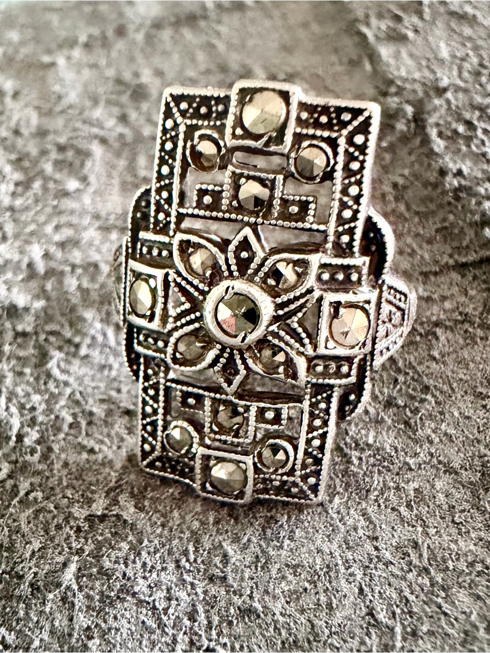 Antique Uncas 1930’s Art Deco Silver & Marcasite Ring Sz 4